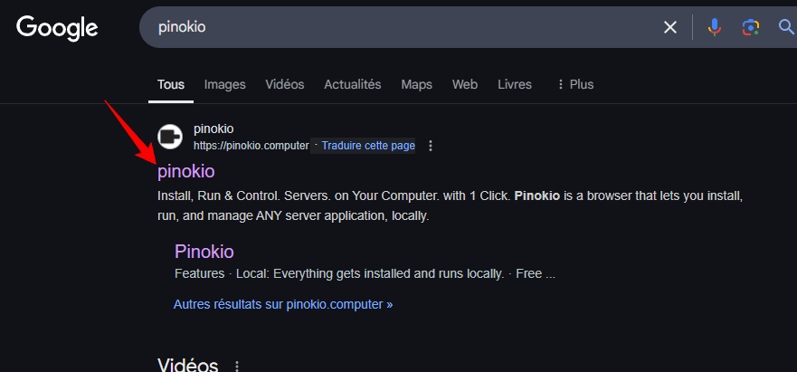 Rechercher pinokio sur google